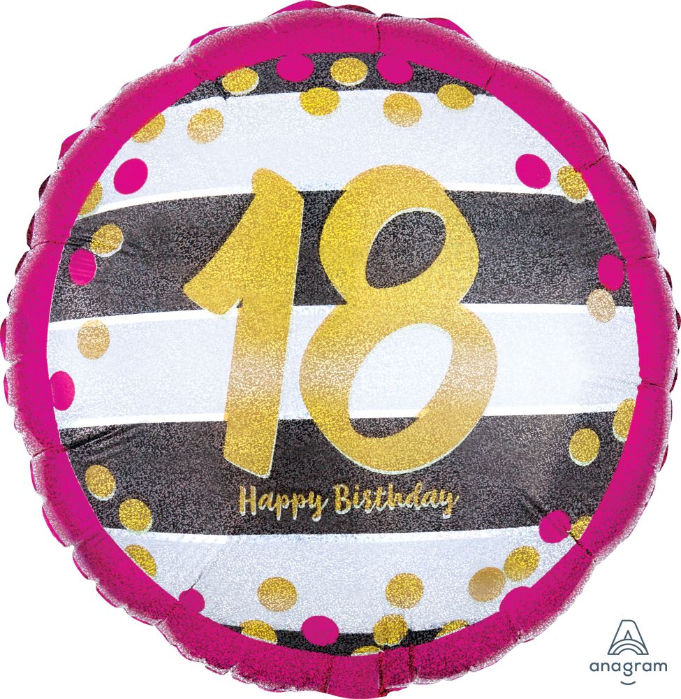 18” Happy Birthday 18 Holographic Pink & Gold Balloon