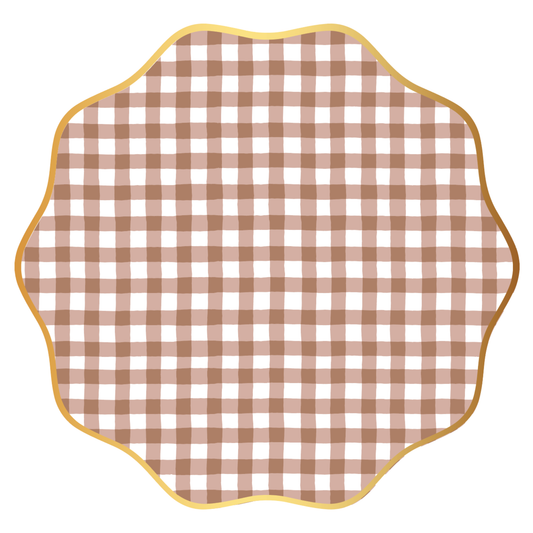 Mocha Brown Gingham Scalloped Plates (Set of 8)