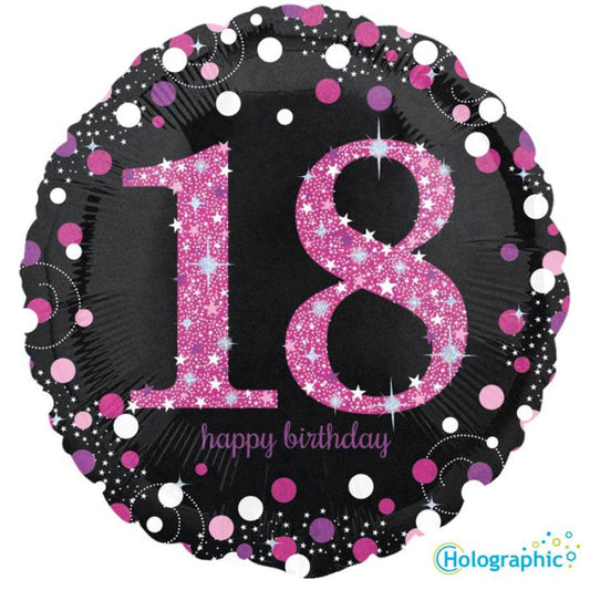 18” Happy Birthday 18 Holographic Pink Balloon