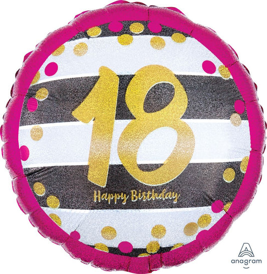 18” Happy Birthday 18 Holographic Pink & Gold Balloon