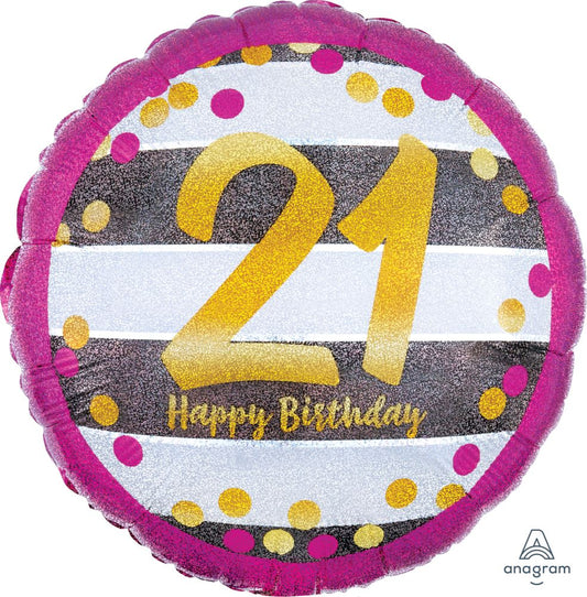 18” Happy Birthday 21 Holographic Pink & Gold Milestone Balloon