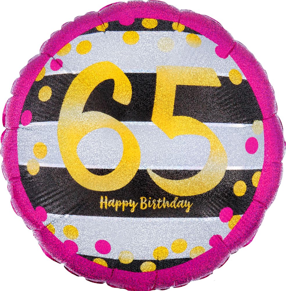 18” Happy Birthday 65 Holographic Pink & Gold Balloon