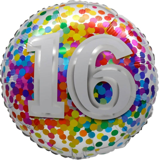 18” Birthday Milestone 16 Rainbow Confetti Balloon