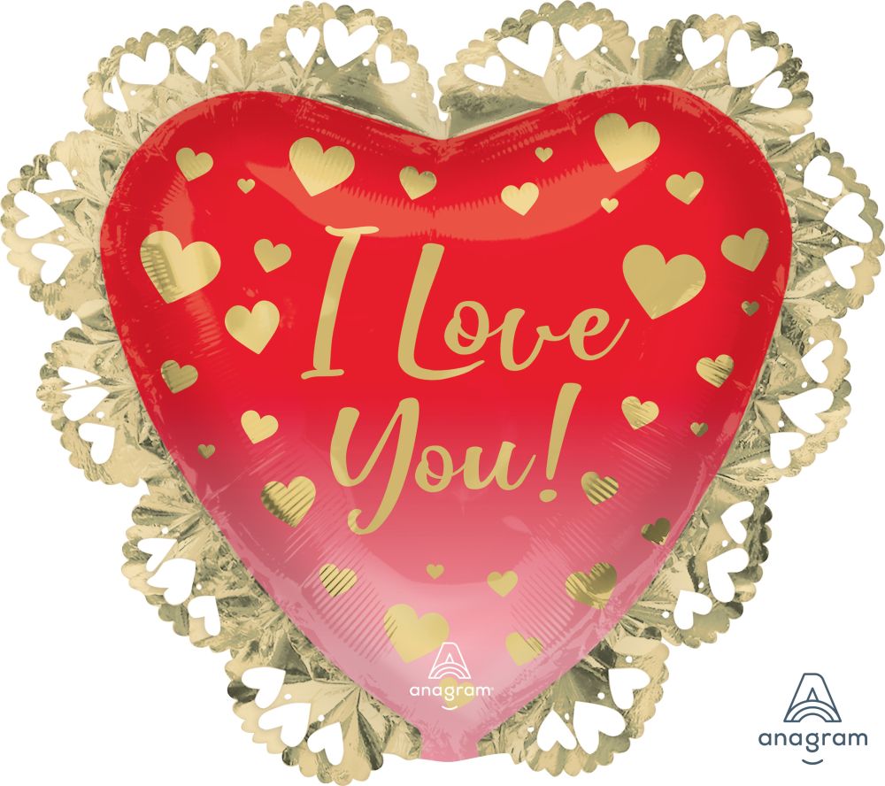 23" Intricates I Love You Ombre And Gold Hearts SuperShape Balloon
