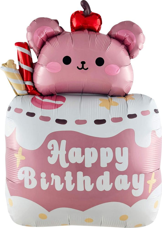 Pink Teddy Bear Happy Birthday Cake SuperShape Balloon